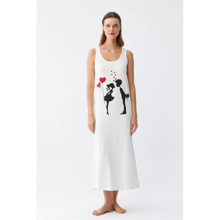 Moda Kadın Kalın Askılı Penye Uzun Ekru Gecelik