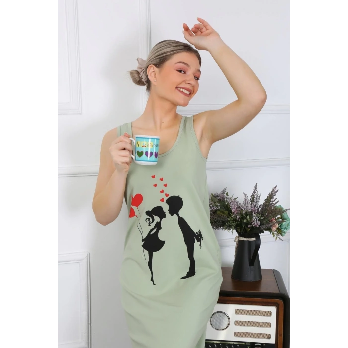 Moda Kadın Kalın Askılı Penye Uzun Fıstık Yeşili Gecelik