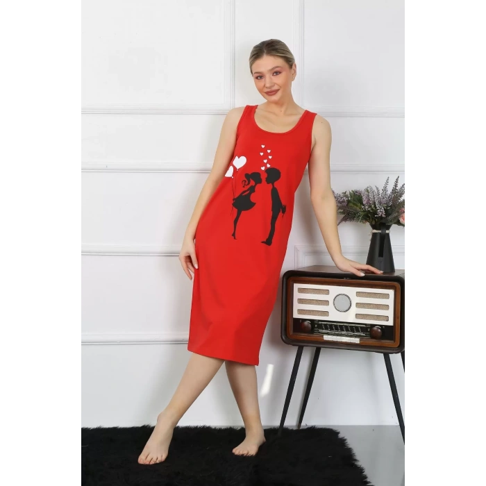 Moda Kadın Kalın Askılı Penye Uzun Kırmızı Gecelik