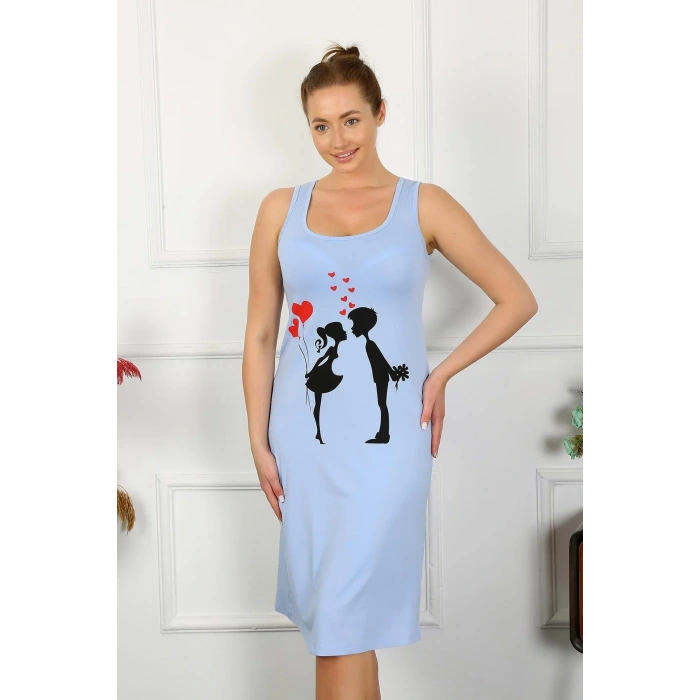 Moda Kadın Kalın Askılı Penye Uzun Mavi Gecelik