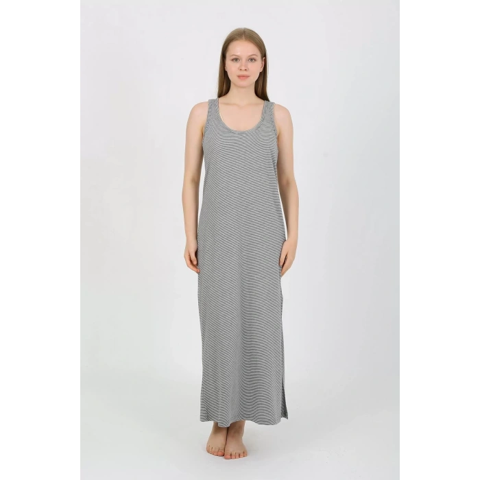 Moda Kadın Kalın Askılı Yırtmaçlı Uzun Gri Gecelik