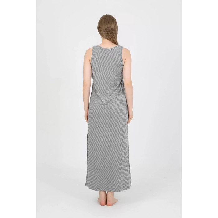 Moda Kadın Kalın Askılı Yırtmaçlı Uzun Gri Gecelik