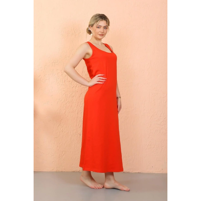 Moda Kadın Kalın Askılı Yırtmaçlı Uzun Kırmızı Gecelik