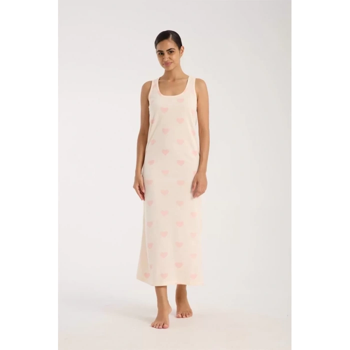 Moda Kadın Kalın Askılı Yırtmaçlı Uzun Pudra Gecelik