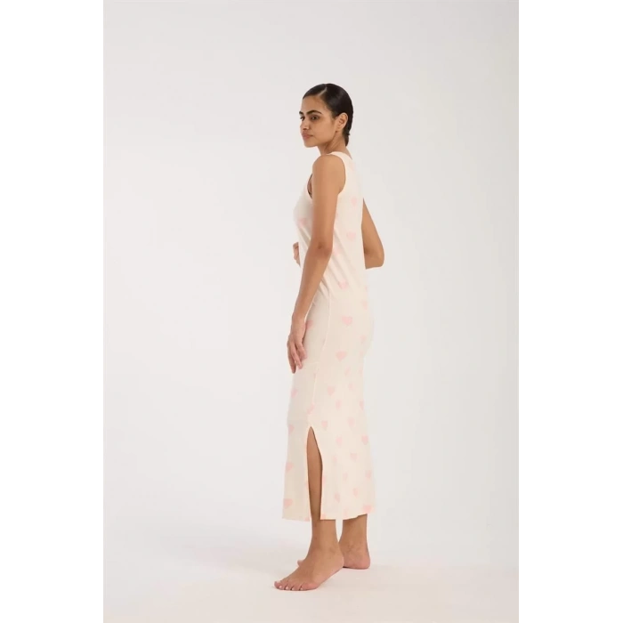 Moda Kadın Kalın Askılı Yırtmaçlı Uzun Pudra Gecelik