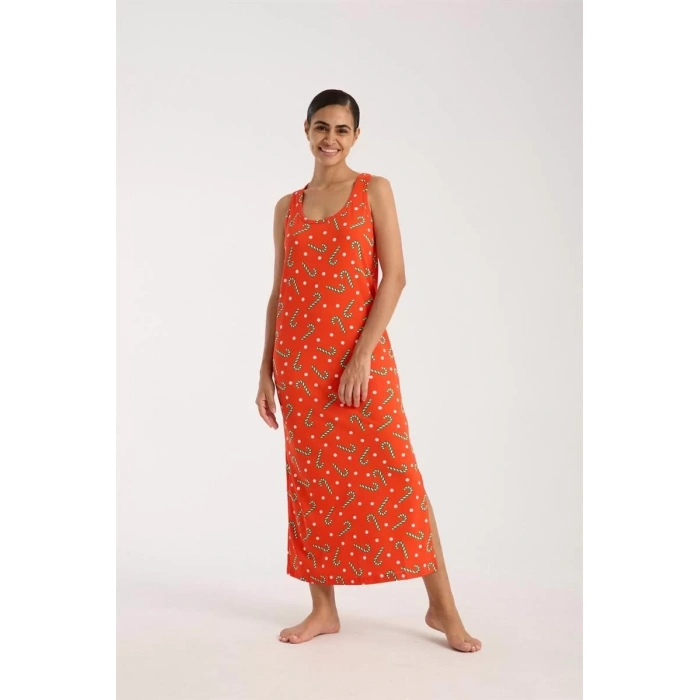 Moda Kadın Kalın Askılı Yırtmaçlı Uzun Turuncu Gecelik