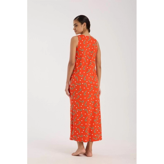 Moda Kadın Kalın Askılı Yırtmaçlı Uzun Turuncu Gecelik