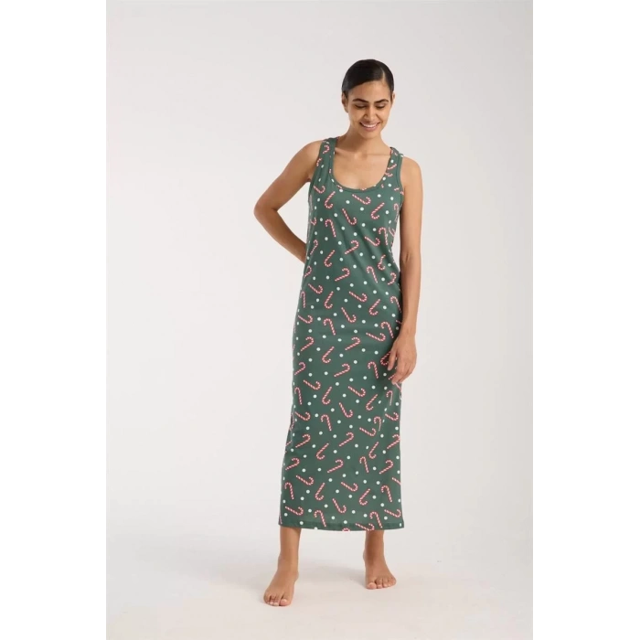 Moda Kadın Kalın Askılı Yırtmaçlı Uzun Yeşil Gecelik