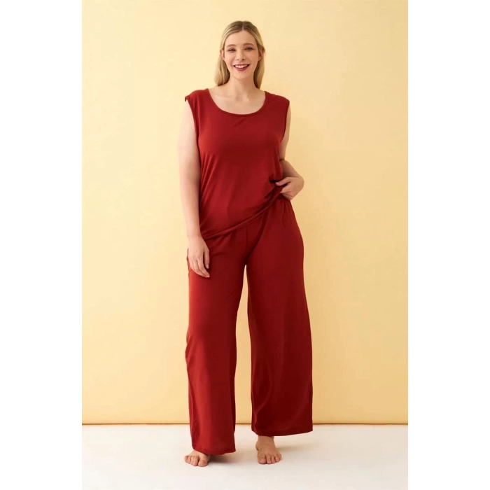 Moda Kadın Kiremit Büyük Beden Penye Alt Üst Takım