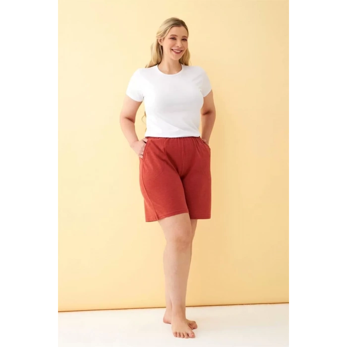 Moda Kadın Kiremit Rengi Rahat Kalıp Cepli Şort