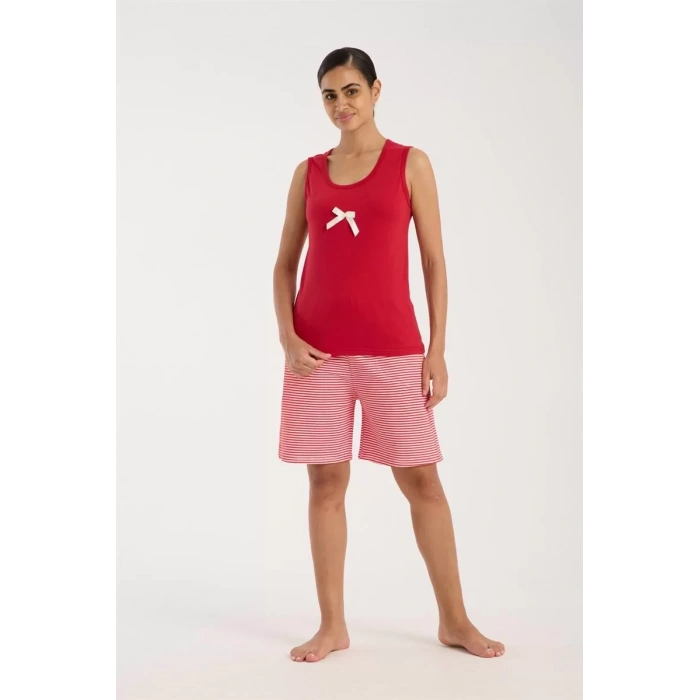 Moda Kadın Kırmızı Kurdele Detaylı Çizgili Şortlu Pijama Takımı