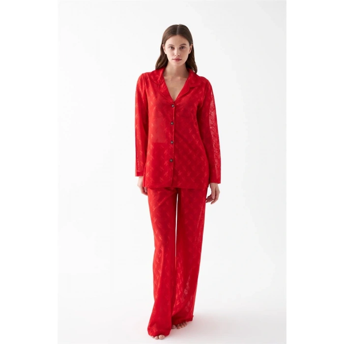 Moda Kadın Kırmızı Şeffaf Jakar Düğmeli Pijama Takımı