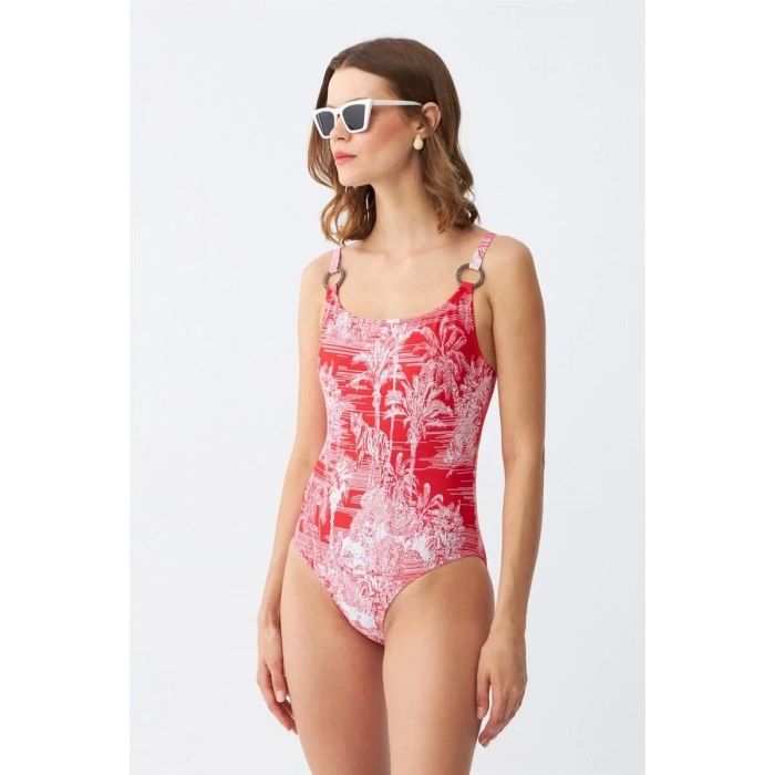 Moda Kadın Kırmızı Tropikal Desenli Aksesuar Askılı Tek Parça Mayo