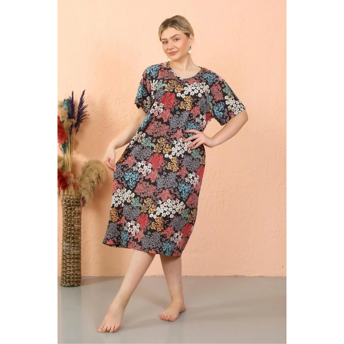 Moda Kadın Kısa Kol Diz Altı Over Size Ev Elbisesi - Geceliği