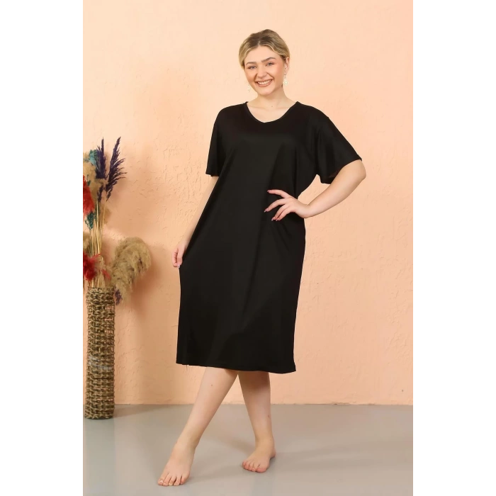 Moda Kadın Kısa Kol Diz Altı Over Size Siyah Ev Elbisesi - Geceliği