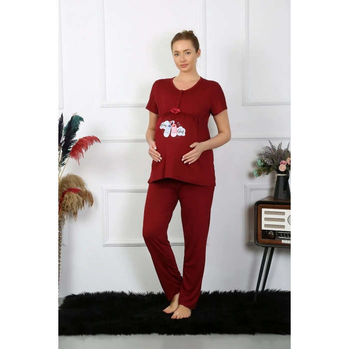 Moda Kadın Kısa Kol Hamile Lohusa Pijama Takımı Bordo