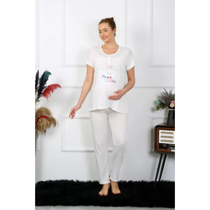 Moda Kadın Kısa Kol Hamile Lohusa Pijama Takımı Ekru