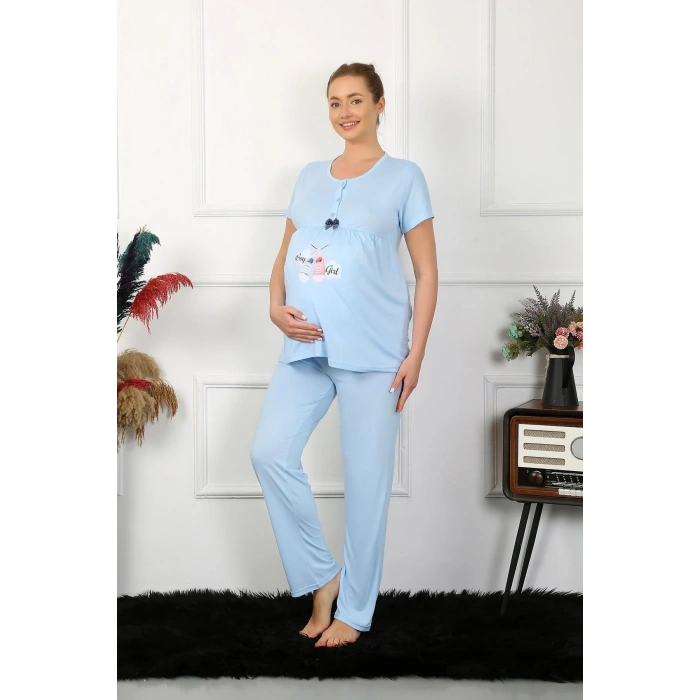 Moda Kadın Kısa Kol Hamile Lohusa Pijama Takımı Mavi