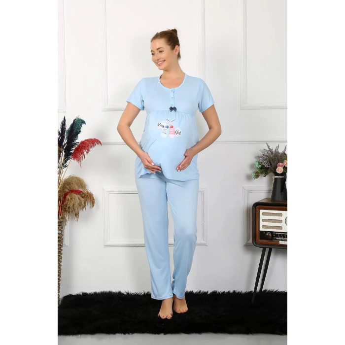 Moda Kadın Kısa Kol Hamile Lohusa Pijama Takımı Mavi