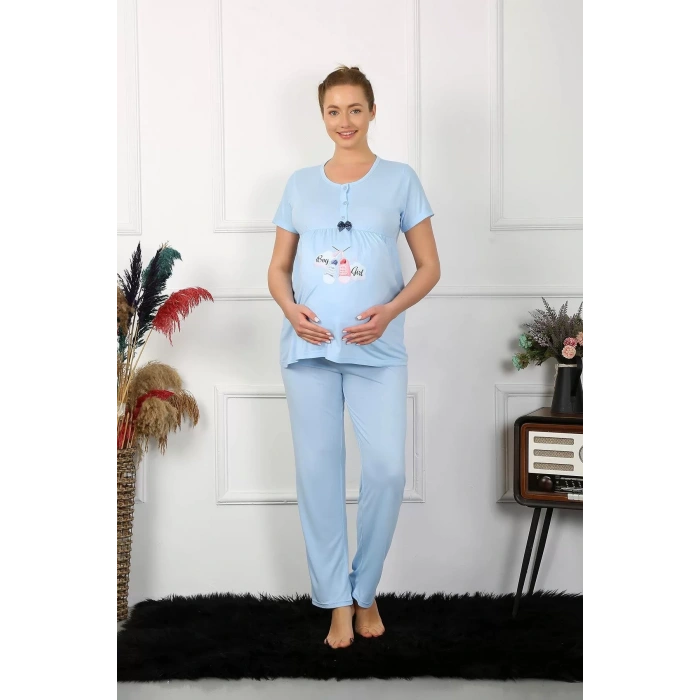 Moda Kadın Kısa Kol Hamile Lohusa Pijama Takımı Mavi