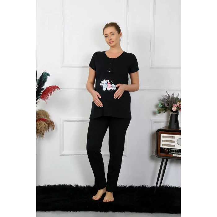 Moda Kadın Kısa Kol Hamile Lohusa Pijama Takımı Siyah