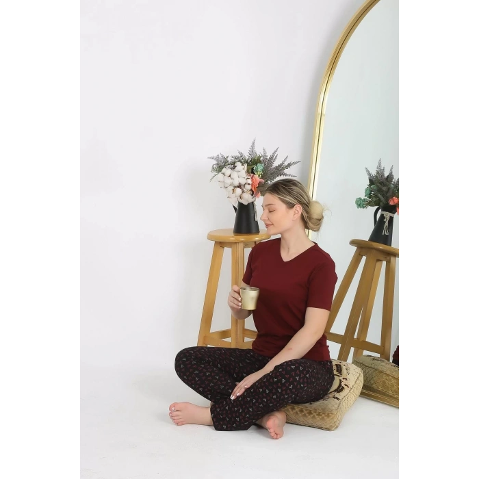 Moda Kadın Kısa Kol Pamuk Penye Pijama Takım Bordo