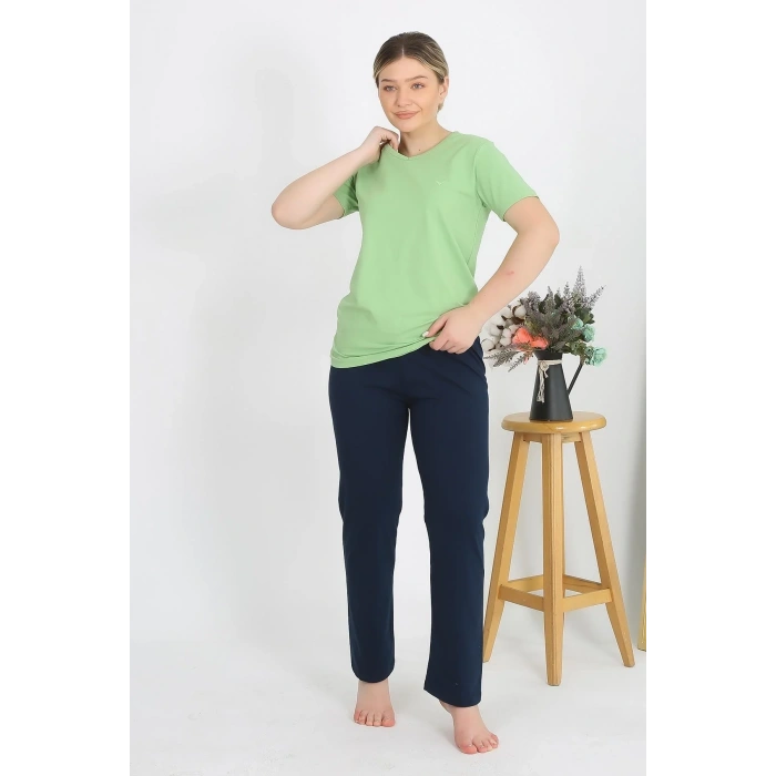 Moda Kadın Kısa Kol Pamuk Penye Pijama Takım Fıstık Yeşili