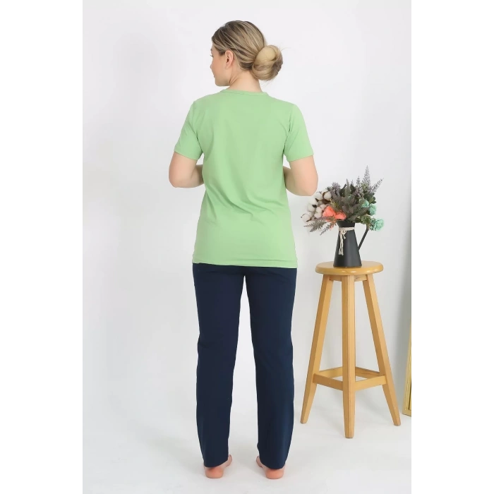 Moda Kadın Kısa Kol Pamuk Penye Pijama Takım Fıstık Yeşili