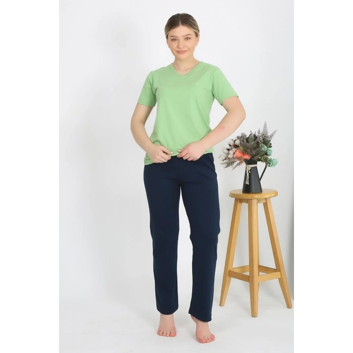 Moda Kadın Kısa Kol Pamuk Penye Pijama Takım Fıstık Yeşili