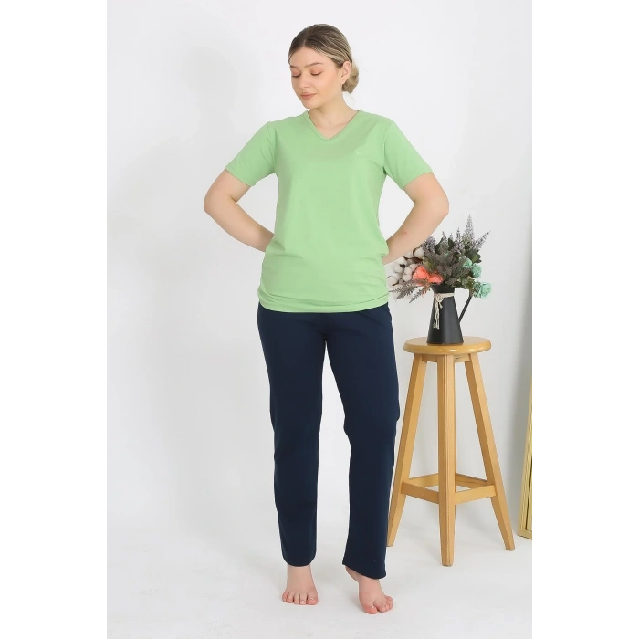 Moda Kadın Kısa Kol Pamuk Penye Pijama Takım Fıstık Yeşili