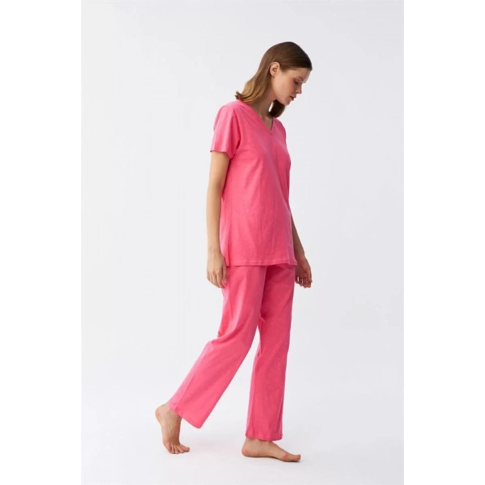 Moda Kadın Kısa Kol Pamuk Penye Pijama Takım Fuşya