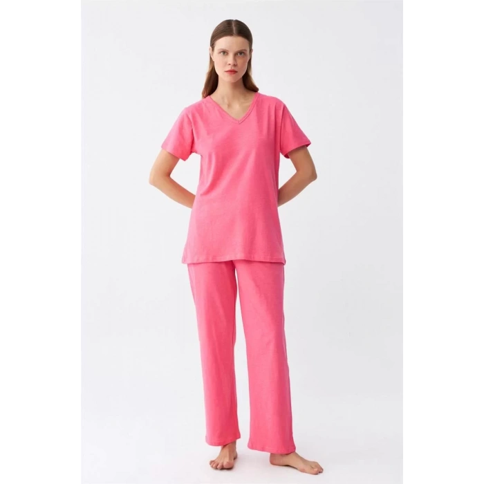 Moda Kadın Kısa Kol Pamuk Penye Pijama Takım Fuşya