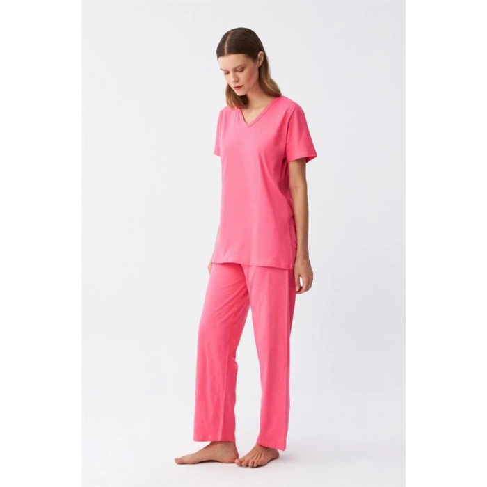 Moda Kadın Kısa Kol Pamuk Penye Pijama Takım Fuşya