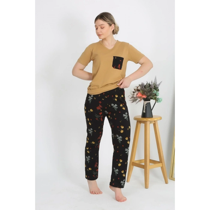 Moda Kadın Kısa Kol Pamuk Penye Pijama Takım Hardal