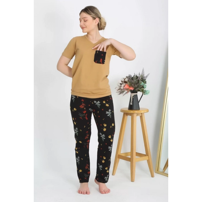 Moda Kadın Kısa Kol Pamuk Penye Pijama Takım Hardal