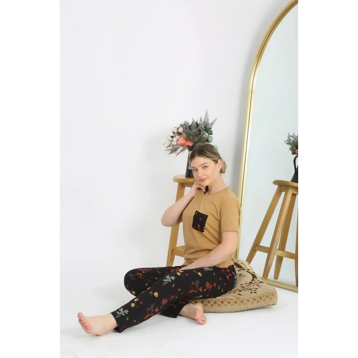 Moda Kadın Kısa Kol Pamuk Penye Pijama Takım Hardal