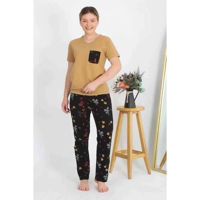 Moda Kadın Kısa Kol Pamuk Penye Pijama Takım Hardal