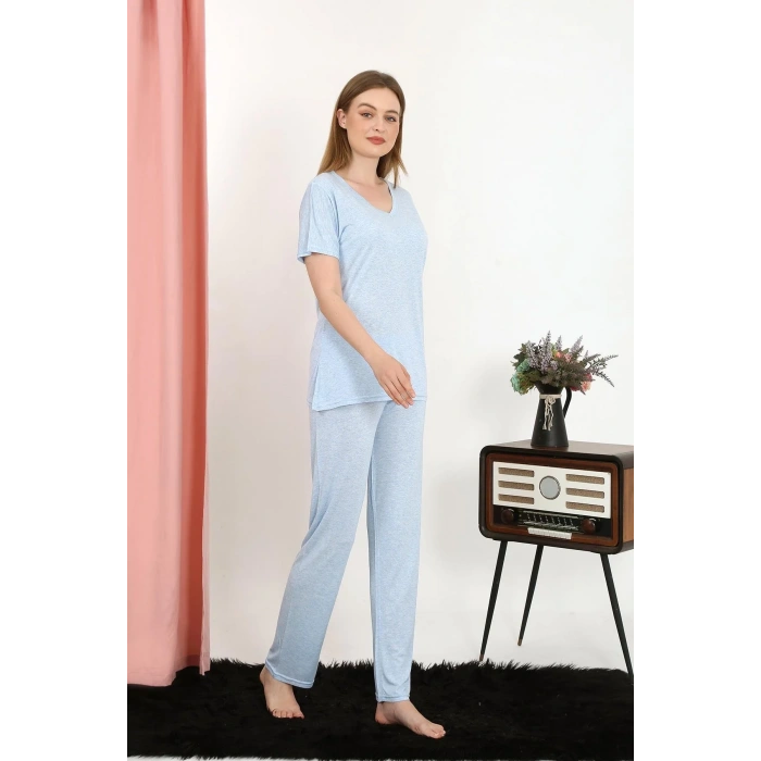 Moda Kadın Kısa Kol Pamuk Penye Pijama Takım Mavi