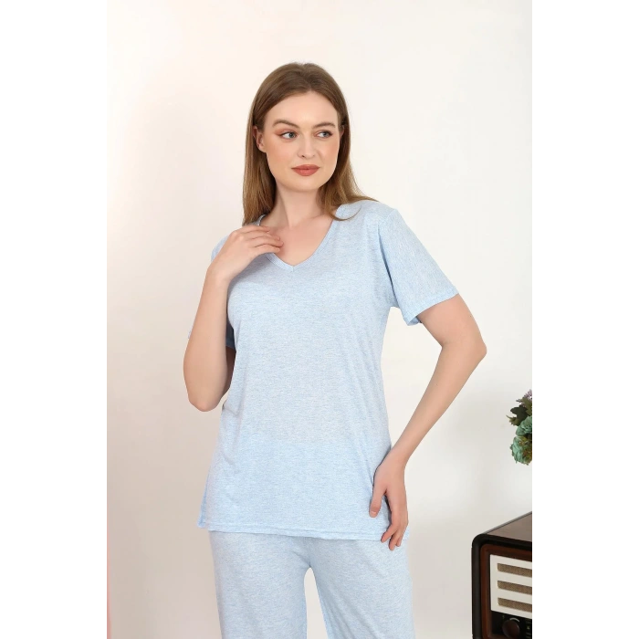 Moda Kadın Kısa Kol Pamuk Penye Pijama Takım Mavi
