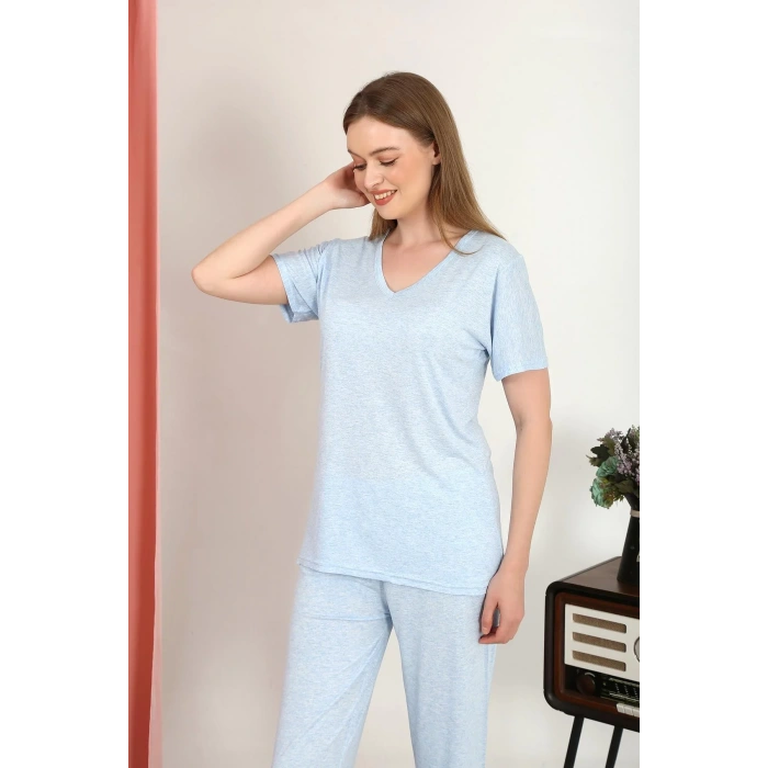 Moda Kadın Kısa Kol Pamuk Penye Pijama Takım Mavi