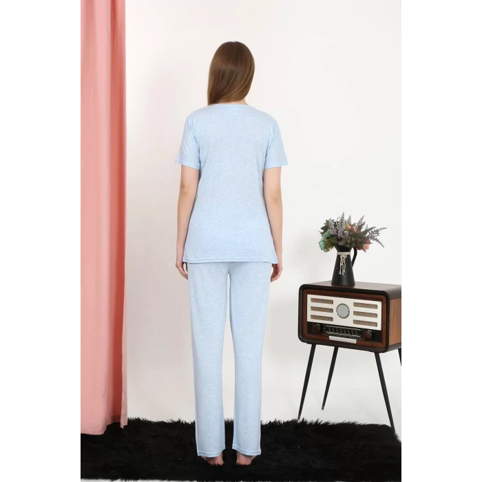 Moda Kadın Kısa Kol Pamuk Penye Pijama Takım Mavi