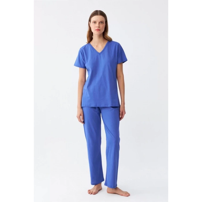 Moda Kadın Kısa Kol Pamuk Penye Pijama Takım Saks