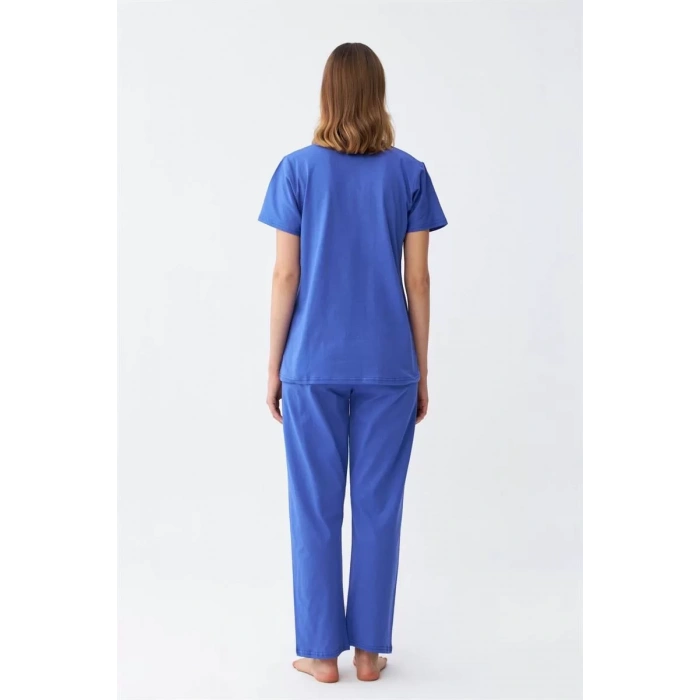 Moda Kadın Kısa Kol Pamuk Penye Pijama Takım Saks