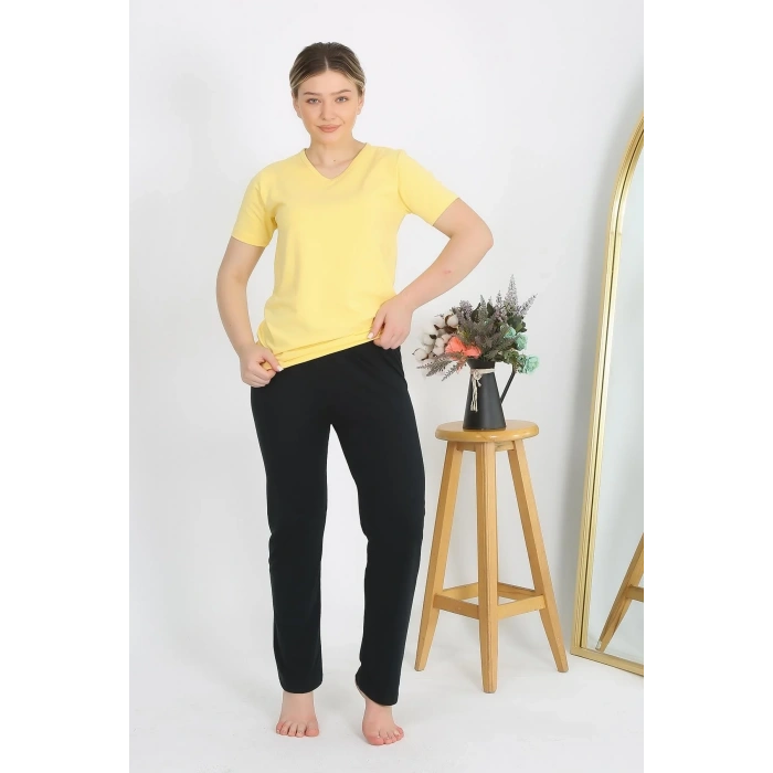 Moda Kadın Kısa Kol Pamuk Penye Pijama Takım Sarı