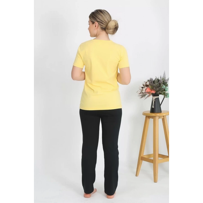 Moda Kadın Kısa Kol Pamuk Penye Pijama Takım Sarı