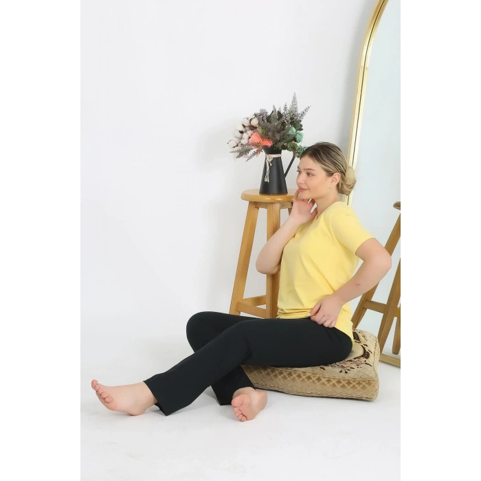 Moda Kadın Kısa Kol Pamuk Penye Pijama Takım Sarı