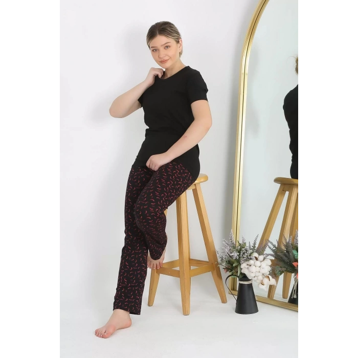 Moda Kadın Kısa Kol Pamuk Penye Pijama Takım Siyah