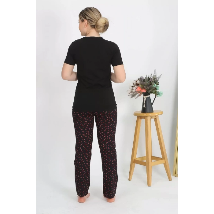 Moda Kadın Kısa Kol Pamuk Penye Pijama Takım Siyah