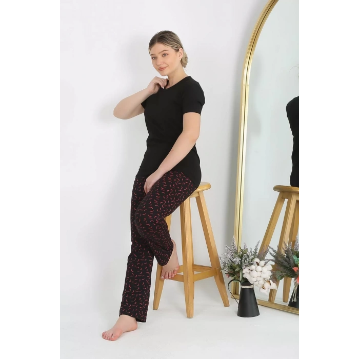 Moda Kadın Kısa Kol Pamuk Penye Pijama Takım Siyah