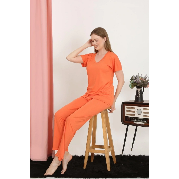 Moda Kadın Kısa Kol Pamuk Penye Pijama Takım Turuncu